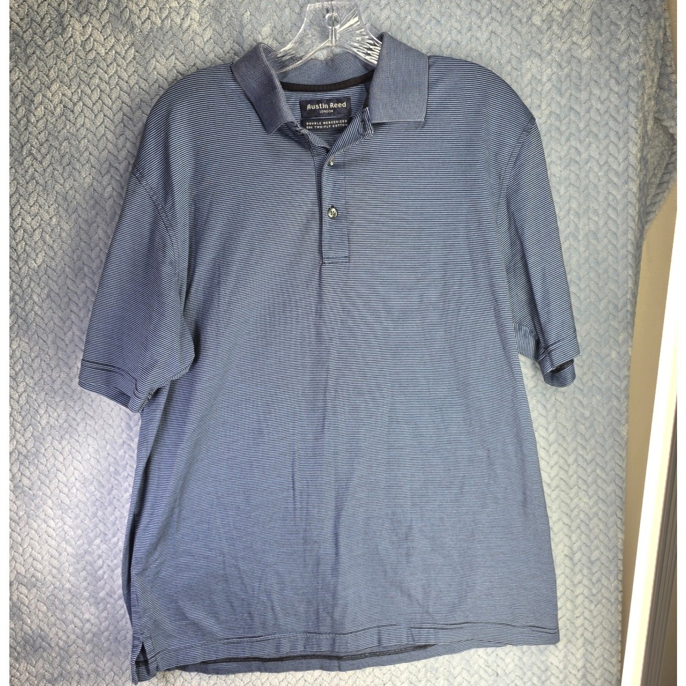 Austin Reed London Mens Medium Blue Striped Double Mercerized Cotton Polo Shirt